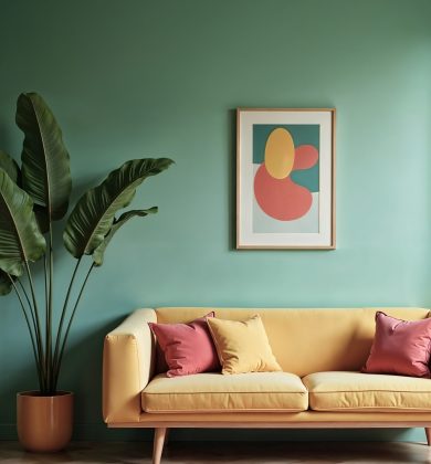 living-room-with-yellow-sofa-pink-rug-green-wall