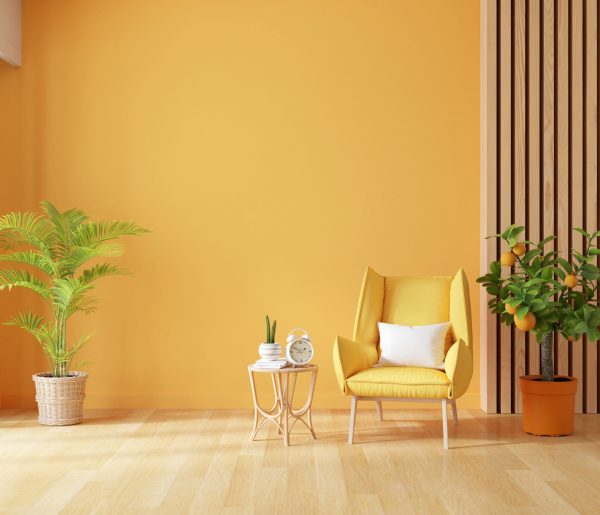 Yellow armchair in living room interior with copy space for mock up, 3D rendering